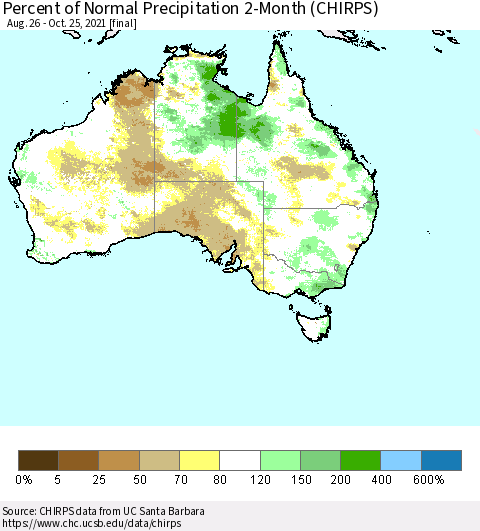 Australia Percent of Normal Precipitation 2-Month (CHIRPS) Thematic Map For 8/26/2021 - 10/25/2021