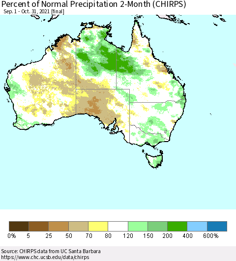 Australia Percent of Normal Precipitation 2-Month (CHIRPS) Thematic Map For 9/1/2021 - 10/31/2021