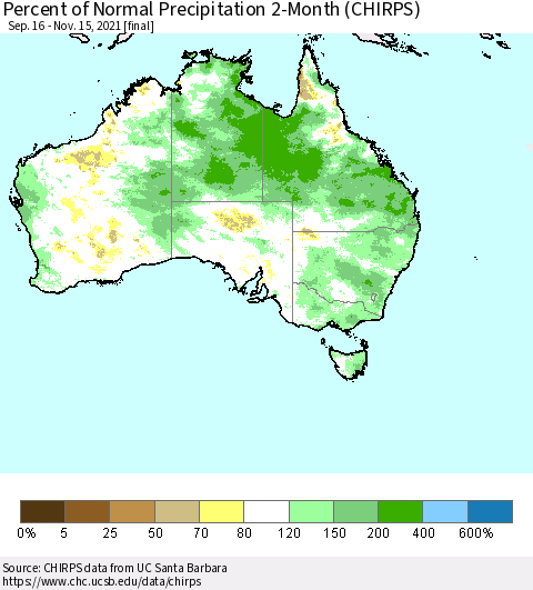 Australia Percent of Normal Precipitation 2-Month (CHIRPS) Thematic Map For 9/16/2021 - 11/15/2021