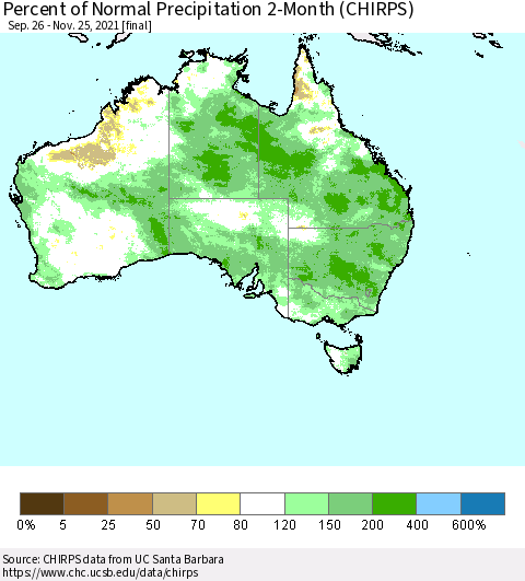 Australia Percent of Normal Precipitation 2-Month (CHIRPS) Thematic Map For 9/26/2021 - 11/25/2021
