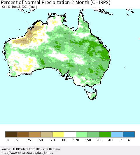Australia Percent of Normal Precipitation 2-Month (CHIRPS) Thematic Map For 10/6/2021 - 12/5/2021