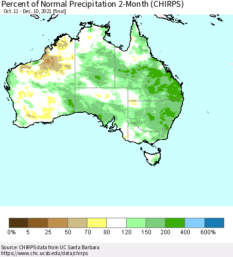 Australia Percent of Normal Precipitation 2-Month (CHIRPS) Thematic Map For 10/11/2021 - 12/10/2021
