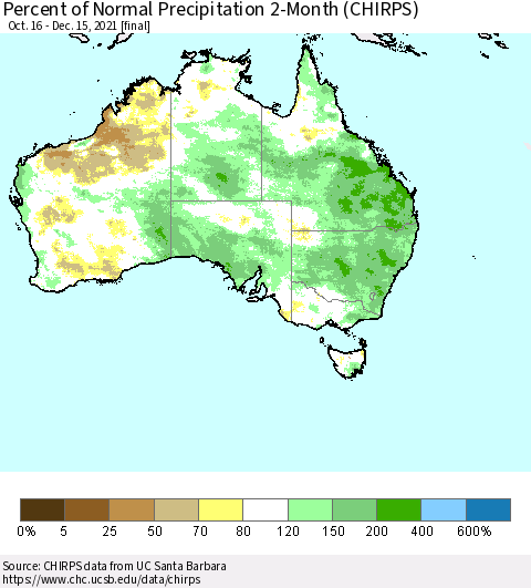 Australia Percent of Normal Precipitation 2-Month (CHIRPS) Thematic Map For 10/16/2021 - 12/15/2021