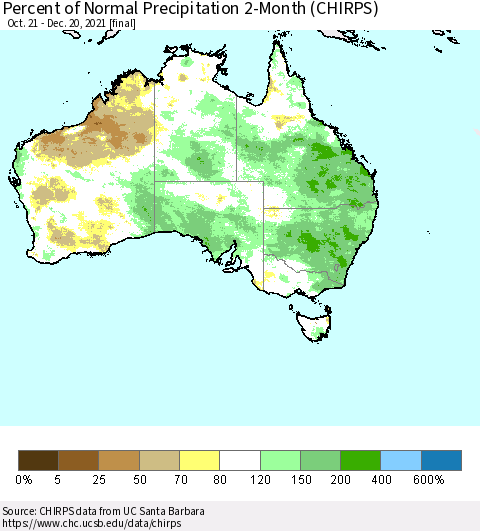 Australia Percent of Normal Precipitation 2-Month (CHIRPS) Thematic Map For 10/21/2021 - 12/20/2021