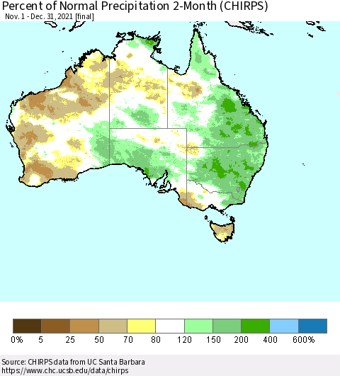 Australia Percent of Normal Precipitation 2-Month (CHIRPS) Thematic Map For 11/1/2021 - 12/31/2021