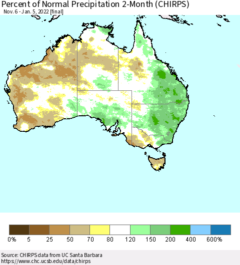 Australia Percent of Normal Precipitation 2-Month (CHIRPS) Thematic Map For 11/6/2021 - 1/5/2022