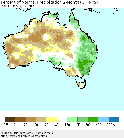 Australia Percent of Normal Precipitation 2-Month (CHIRPS) Thematic Map For 11/11/2021 - 1/10/2022