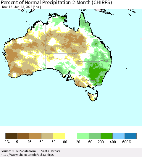 Australia Percent of Normal Precipitation 2-Month (CHIRPS) Thematic Map For 11/16/2021 - 1/15/2022