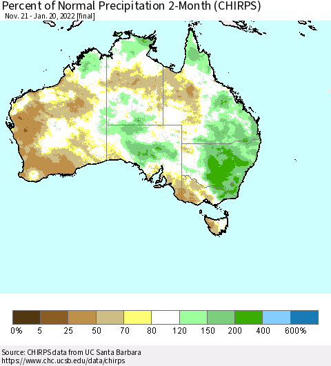 Australia Percent of Normal Precipitation 2-Month (CHIRPS) Thematic Map For 11/21/2021 - 1/20/2022
