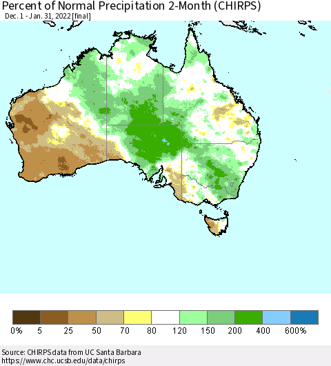 Australia Percent of Normal Precipitation 2-Month (CHIRPS) Thematic Map For 12/1/2021 - 1/31/2022