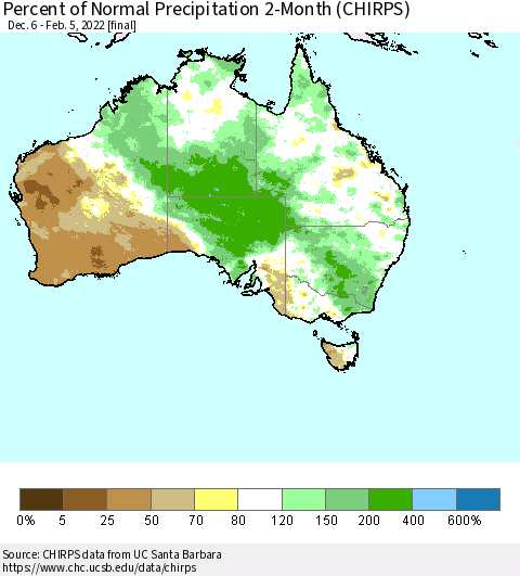 Australia Percent of Normal Precipitation 2-Month (CHIRPS) Thematic Map For 12/6/2021 - 2/5/2022