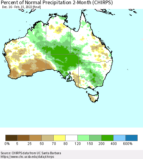 Australia Percent of Normal Precipitation 2-Month (CHIRPS) Thematic Map For 12/16/2021 - 2/15/2022