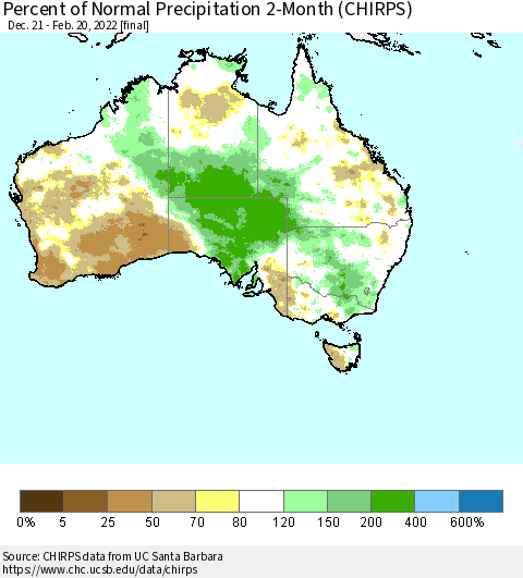 Australia Percent of Normal Precipitation 2-Month (CHIRPS) Thematic Map For 12/21/2021 - 2/20/2022