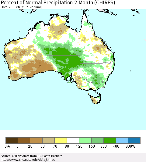 Australia Percent of Normal Precipitation 2-Month (CHIRPS) Thematic Map For 12/26/2021 - 2/25/2022