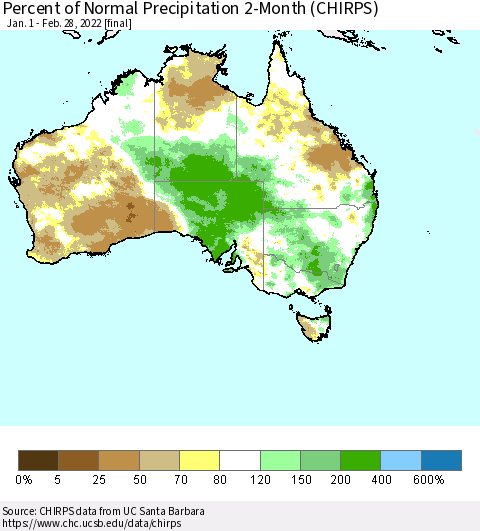 Australia Percent of Normal Precipitation 2-Month (CHIRPS) Thematic Map For 1/1/2022 - 2/28/2022