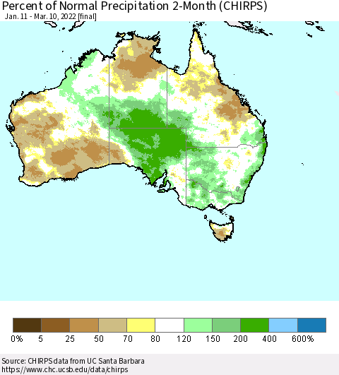 Australia Percent of Normal Precipitation 2-Month (CHIRPS) Thematic Map For 1/11/2022 - 3/10/2022