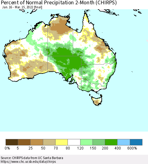 Australia Percent of Normal Precipitation 2-Month (CHIRPS) Thematic Map For 1/16/2022 - 3/15/2022