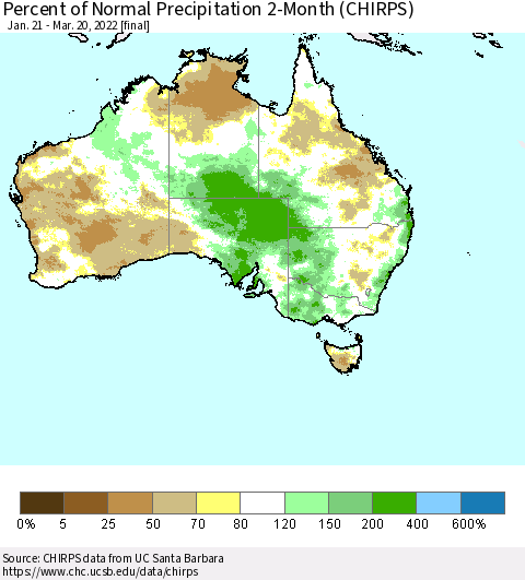 Australia Percent of Normal Precipitation 2-Month (CHIRPS) Thematic Map For 1/21/2022 - 3/20/2022
