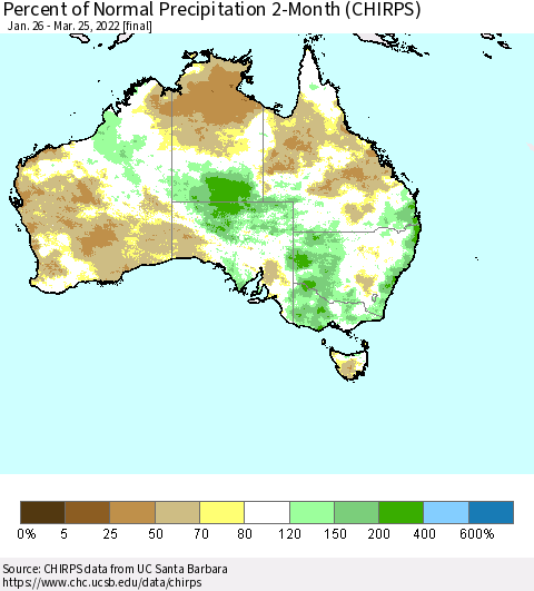 Australia Percent of Normal Precipitation 2-Month (CHIRPS) Thematic Map For 1/26/2022 - 3/25/2022