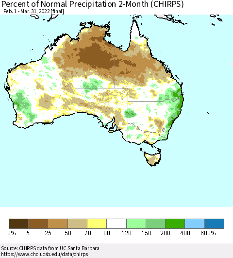 Australia Percent of Normal Precipitation 2-Month (CHIRPS) Thematic Map For 2/1/2022 - 3/31/2022