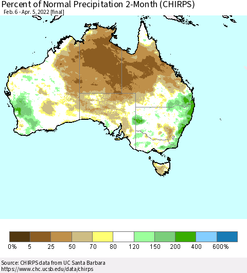 Australia Percent of Normal Precipitation 2-Month (CHIRPS) Thematic Map For 2/6/2022 - 4/5/2022