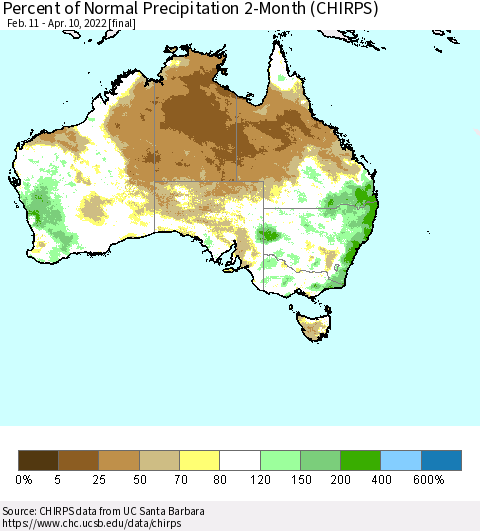 Australia Percent of Normal Precipitation 2-Month (CHIRPS) Thematic Map For 2/11/2022 - 4/10/2022