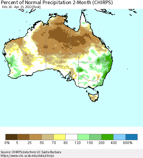 Australia Percent of Normal Precipitation 2-Month (CHIRPS) Thematic Map For 2/16/2022 - 4/15/2022