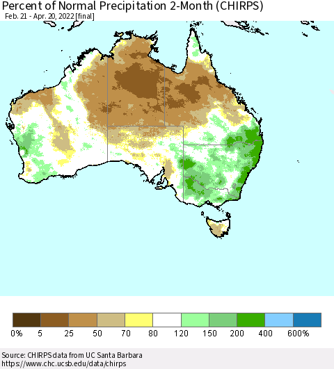 Australia Percent of Normal Precipitation 2-Month (CHIRPS) Thematic Map For 2/21/2022 - 4/20/2022