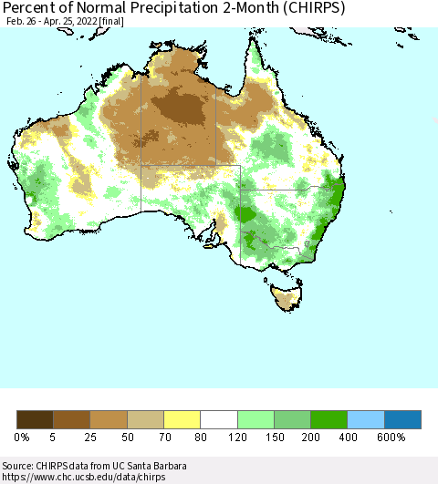 Australia Percent of Normal Precipitation 2-Month (CHIRPS) Thematic Map For 2/26/2022 - 4/25/2022