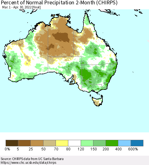 Australia Percent of Normal Precipitation 2-Month (CHIRPS) Thematic Map For 3/1/2022 - 4/30/2022