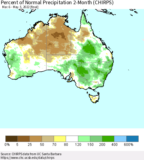 Australia Percent of Normal Precipitation 2-Month (CHIRPS) Thematic Map For 3/6/2022 - 5/5/2022