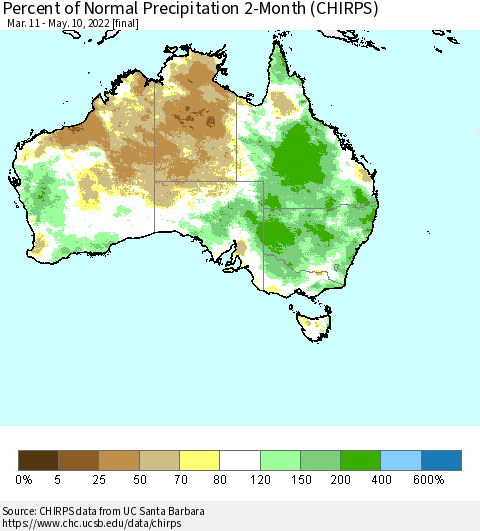 Australia Percent of Normal Precipitation 2-Month (CHIRPS) Thematic Map For 3/11/2022 - 5/10/2022