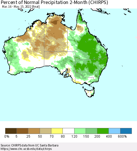 Australia Percent of Normal Precipitation 2-Month (CHIRPS) Thematic Map For 3/16/2022 - 5/15/2022