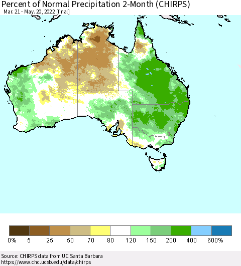 Australia Percent of Normal Precipitation 2-Month (CHIRPS) Thematic Map For 3/21/2022 - 5/20/2022