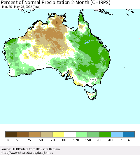 Australia Percent of Normal Precipitation 2-Month (CHIRPS) Thematic Map For 3/26/2022 - 5/25/2022