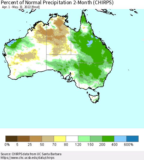 Australia Percent of Normal Precipitation 2-Month (CHIRPS) Thematic Map For 4/1/2022 - 5/31/2022