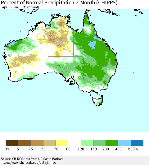 Australia Percent of Normal Precipitation 2-Month (CHIRPS) Thematic Map For 4/6/2022 - 6/5/2022