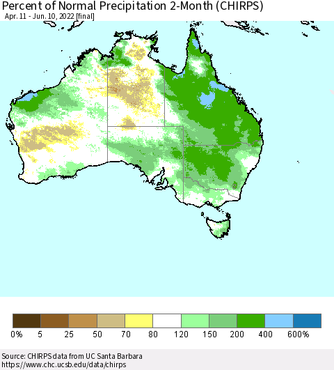 Australia Percent of Normal Precipitation 2-Month (CHIRPS) Thematic Map For 4/11/2022 - 6/10/2022