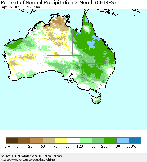 Australia Percent of Normal Precipitation 2-Month (CHIRPS) Thematic Map For 4/16/2022 - 6/15/2022