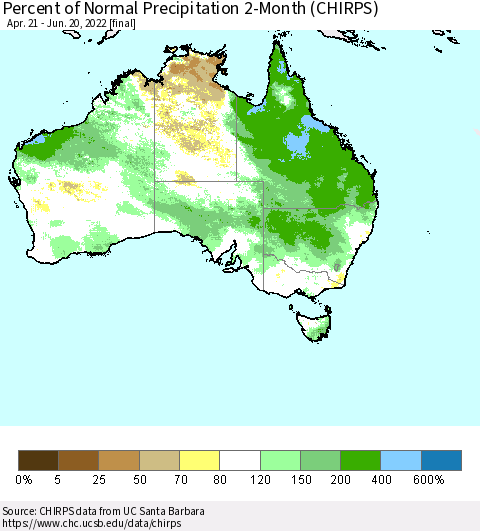 Australia Percent of Normal Precipitation 2-Month (CHIRPS) Thematic Map For 4/21/2022 - 6/20/2022