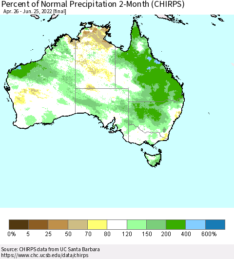 Australia Percent of Normal Precipitation 2-Month (CHIRPS) Thematic Map For 4/26/2022 - 6/25/2022