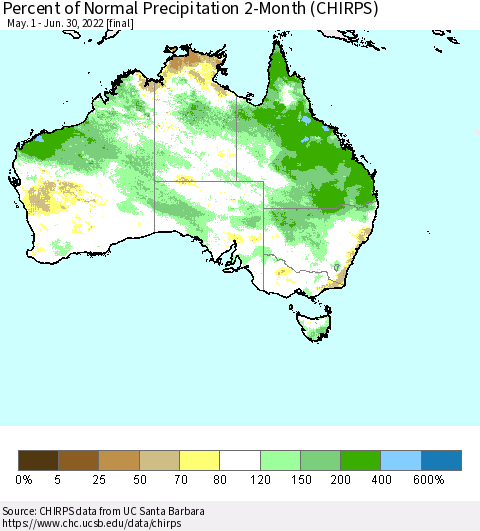 Australia Percent of Normal Precipitation 2-Month (CHIRPS) Thematic Map For 5/1/2022 - 6/30/2022