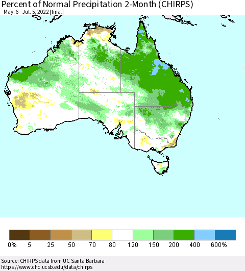 Australia Percent of Normal Precipitation 2-Month (CHIRPS) Thematic Map For 5/6/2022 - 7/5/2022
