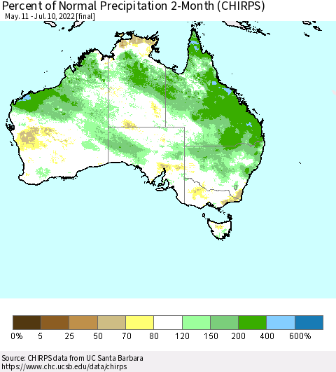 Australia Percent of Normal Precipitation 2-Month (CHIRPS) Thematic Map For 5/11/2022 - 7/10/2022