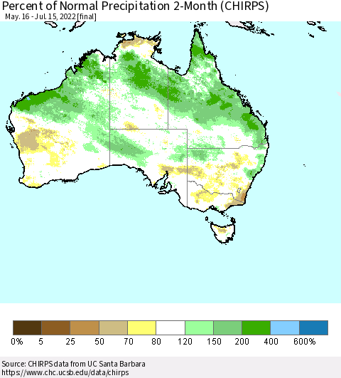 Australia Percent of Normal Precipitation 2-Month (CHIRPS) Thematic Map For 5/16/2022 - 7/15/2022