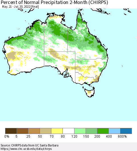 Australia Percent of Normal Precipitation 2-Month (CHIRPS) Thematic Map For 5/21/2022 - 7/20/2022