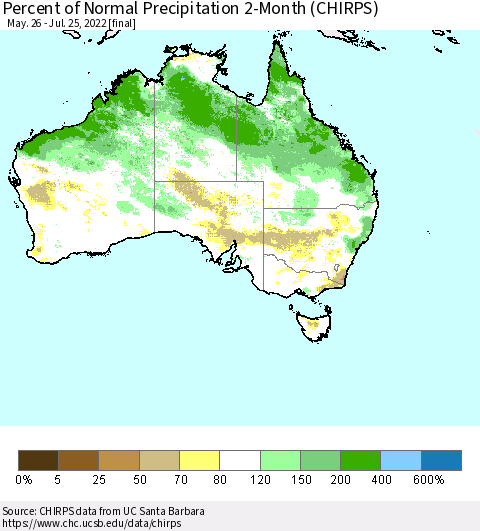 Australia Percent of Normal Precipitation 2-Month (CHIRPS) Thematic Map For 5/26/2022 - 7/25/2022