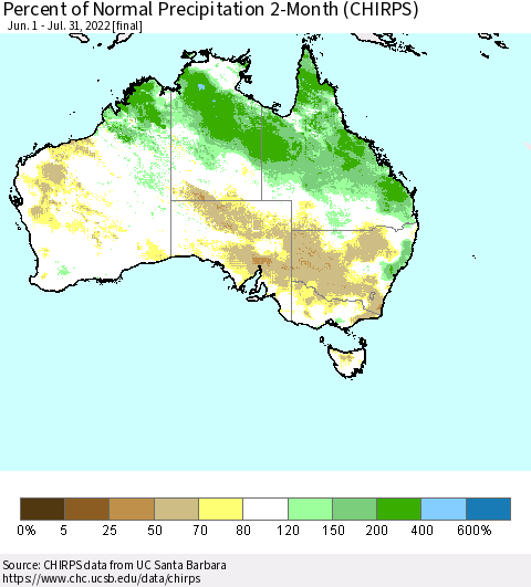 Australia Percent of Normal Precipitation 2-Month (CHIRPS) Thematic Map For 6/1/2022 - 7/31/2022