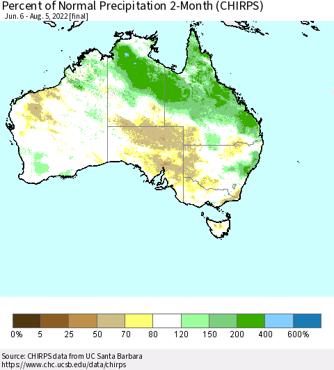 Australia Percent of Normal Precipitation 2-Month (CHIRPS) Thematic Map For 6/6/2022 - 8/5/2022