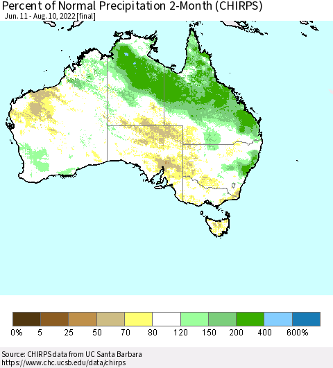 Australia Percent of Normal Precipitation 2-Month (CHIRPS) Thematic Map For 6/11/2022 - 8/10/2022